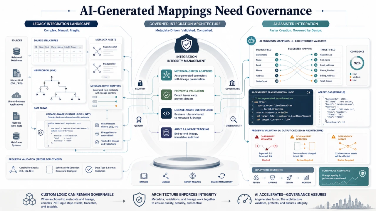 Diagram comparing a legacy integration landscape, a governed integration architecture built around metadata-driven adaptors and integration integrity management, and an AI-assisted integration flow where suggested mappings are validated before deployment